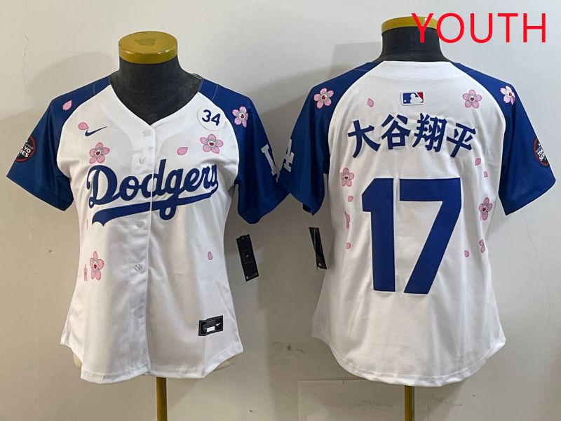 Youth Los Angeles Dodgers #17 Ohtani White Blue Sakura Edition 2025 Nike MLB Jersey style 15->youth mlb jersey->Youth Jersey